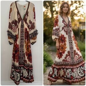 Farm Rio Sand Winter Tapestry V Neck Maxi Dress